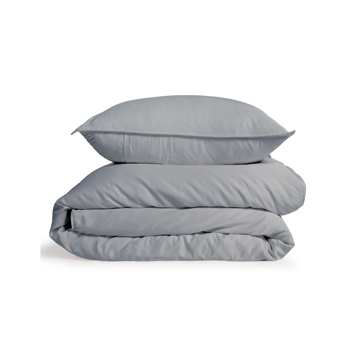 Gray bamboo sateen duvet set stacked with two pillows on a plain background