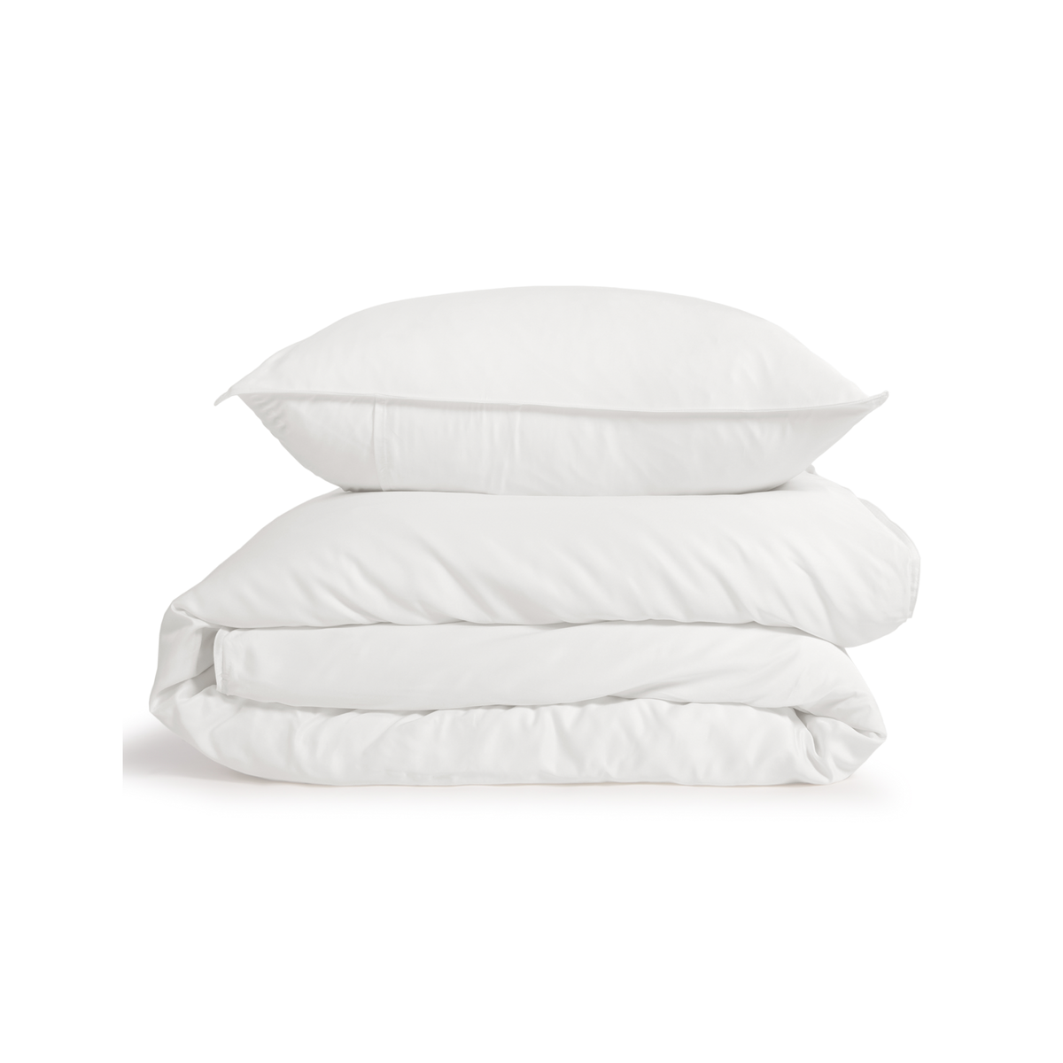 White bamboo sateen duvet set stacked with two pillows on a plain background