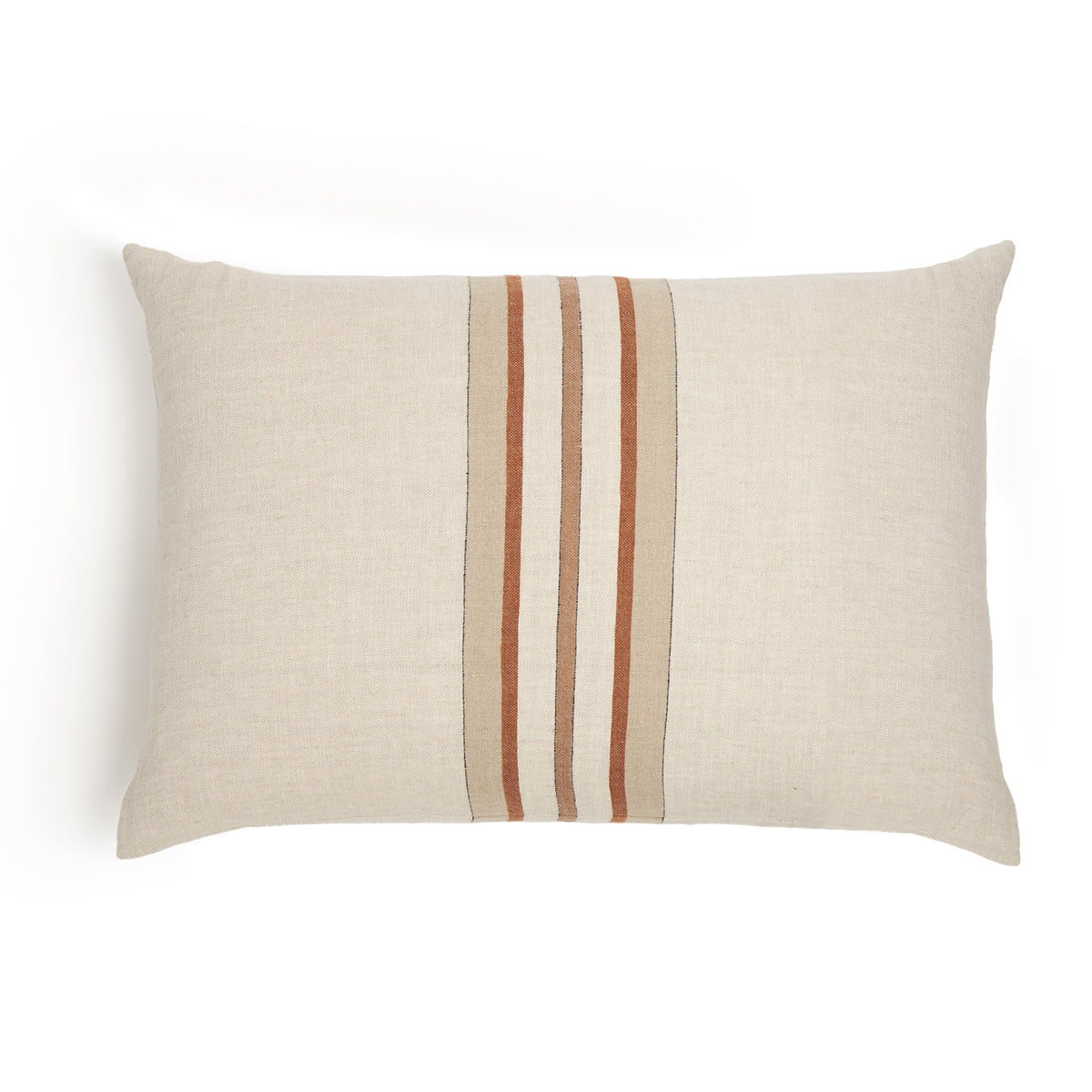 Rectangular beige pillow with central vertical rust and white stripe panel
