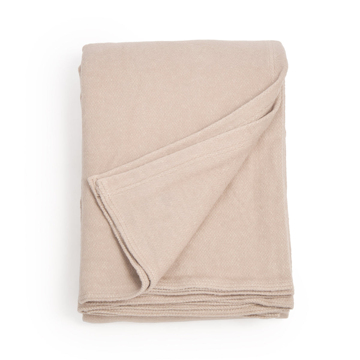 Taupe oversized throw blanket, folded with diagonally draped corner panel