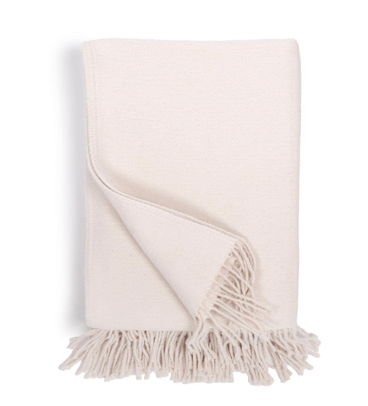 Ivory throw blanket with fringe edge, soft woven texture