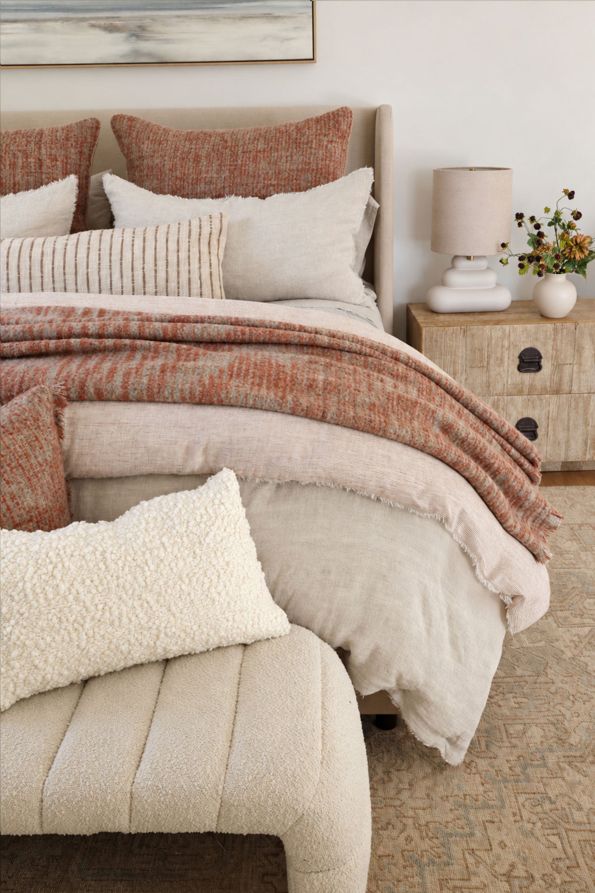 Bozeman big pillow set with insert, orange patterned and white striped cushion