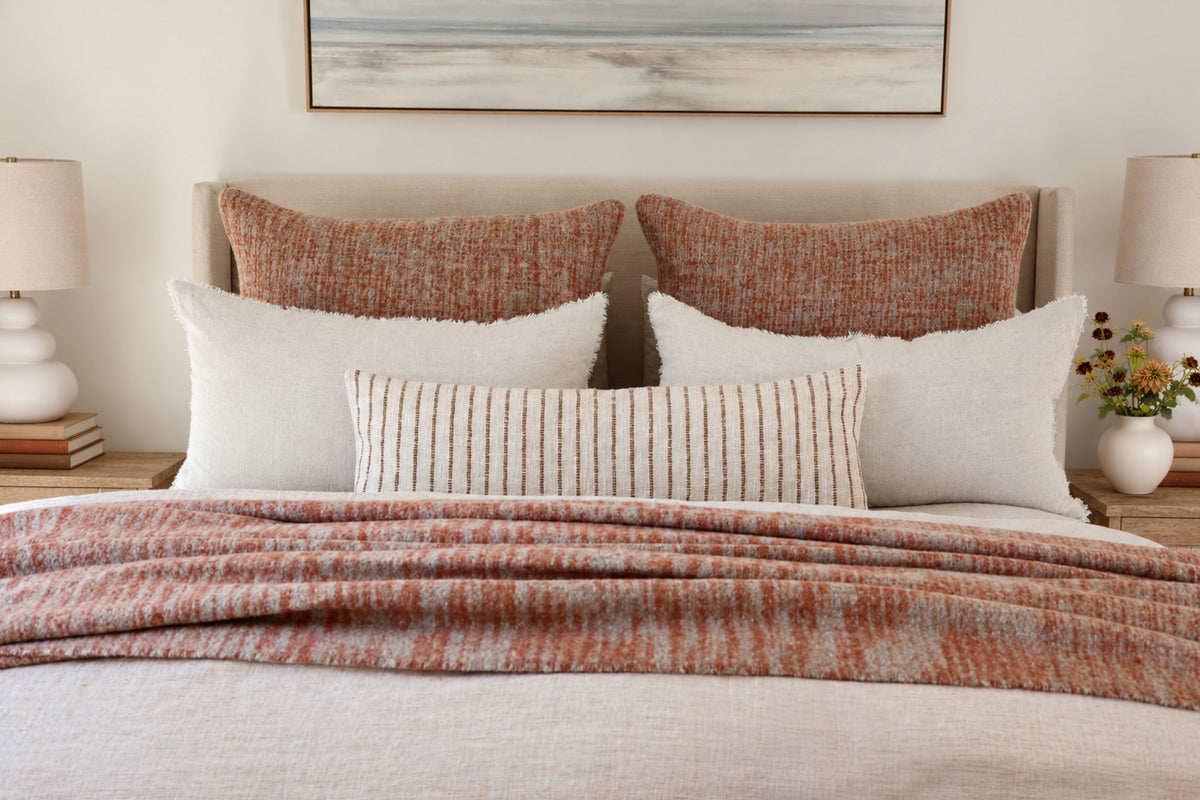 Bozeman big pillow with insert, orange woven-look front and white striped pillow