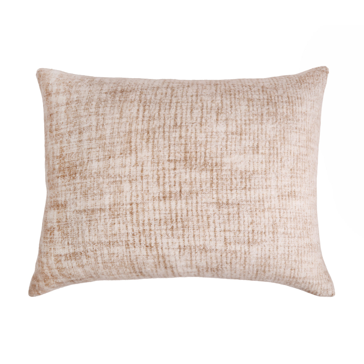 Rectangular decorative pillow with pale apricot textured weave and stitched edges