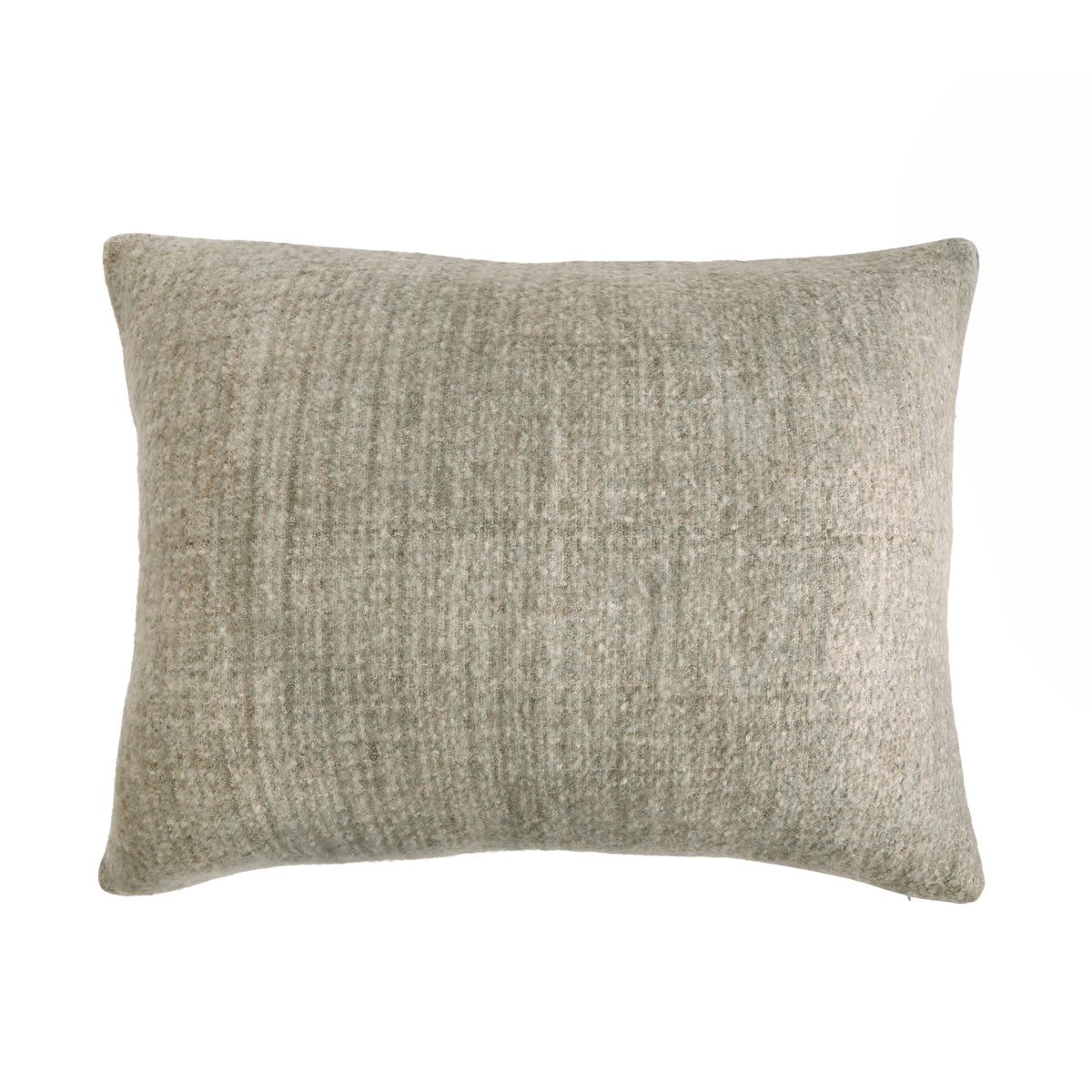 Rectangular decorative pillow with light gray-green textured fabric and stitched edges