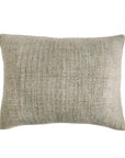 Rectangular decorative pillow with light gray-green textured fabric and stitched edges