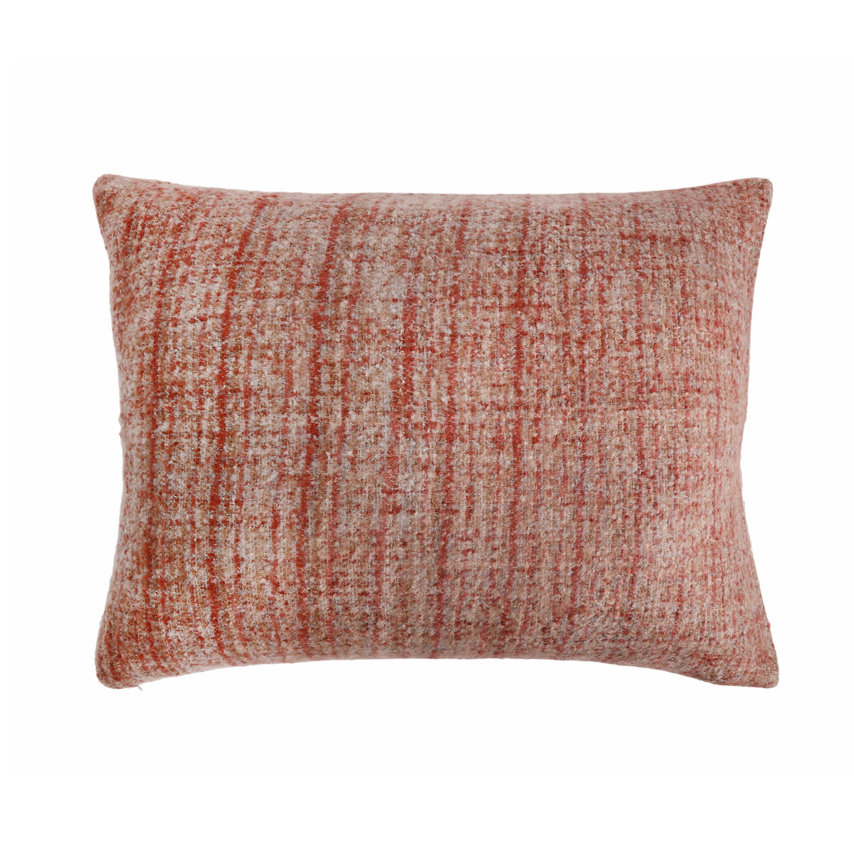 Rectangular decorative pillow with rust orange textured weave and stitched edges
