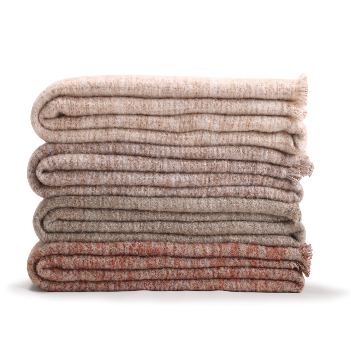 Bozeman oversized throw, heather gray and rust tone, neatly folded with fringed trim