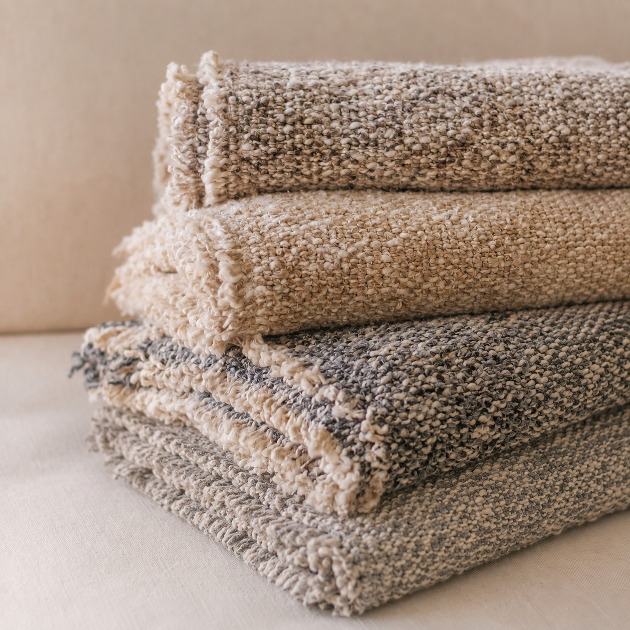 Brentwood textured throw blanket with fringe trim, shown folded in pebble and ocean tones