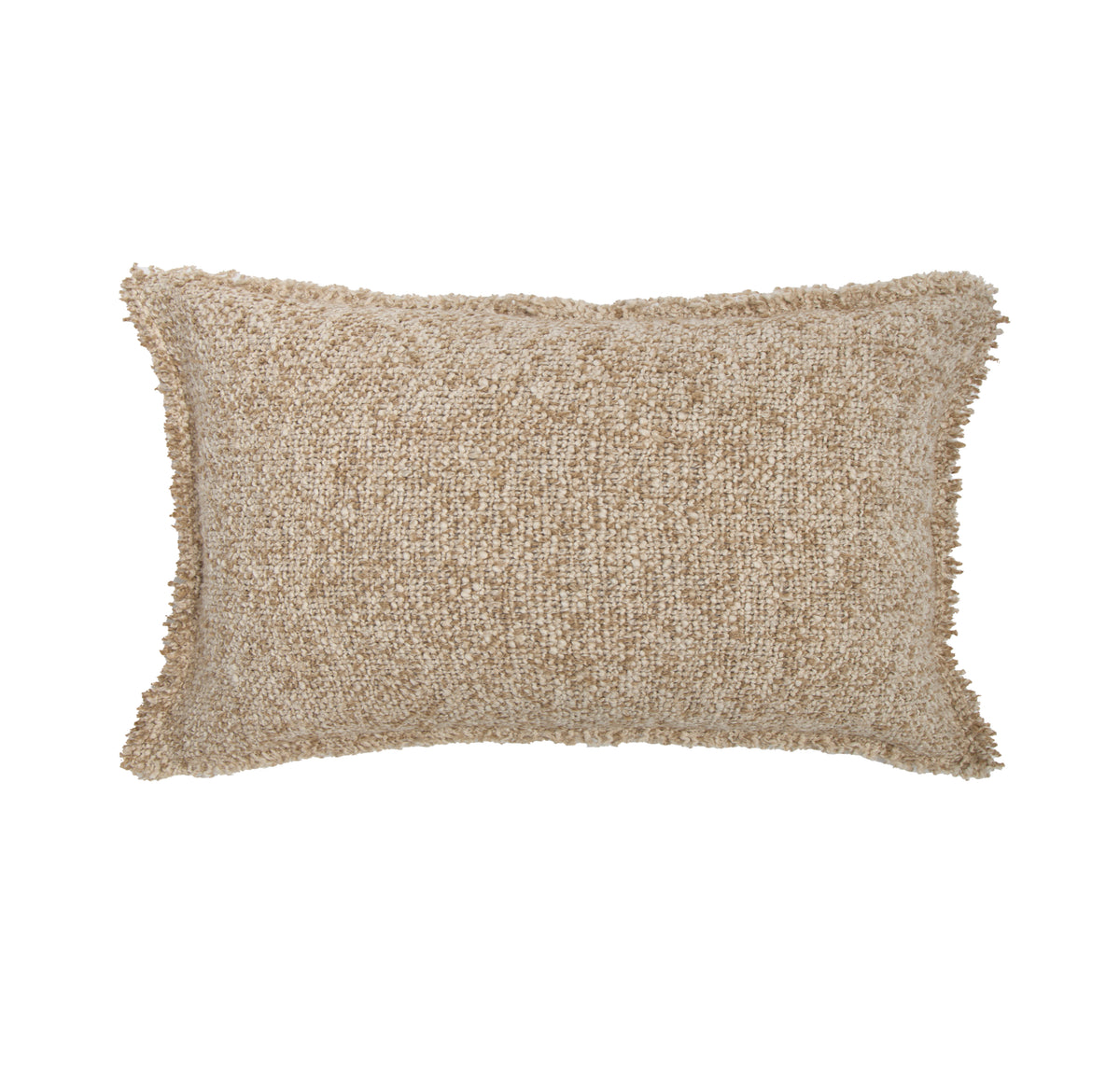 14x24 textured lumbar pillow with fringe trim, natural beige woven fabric