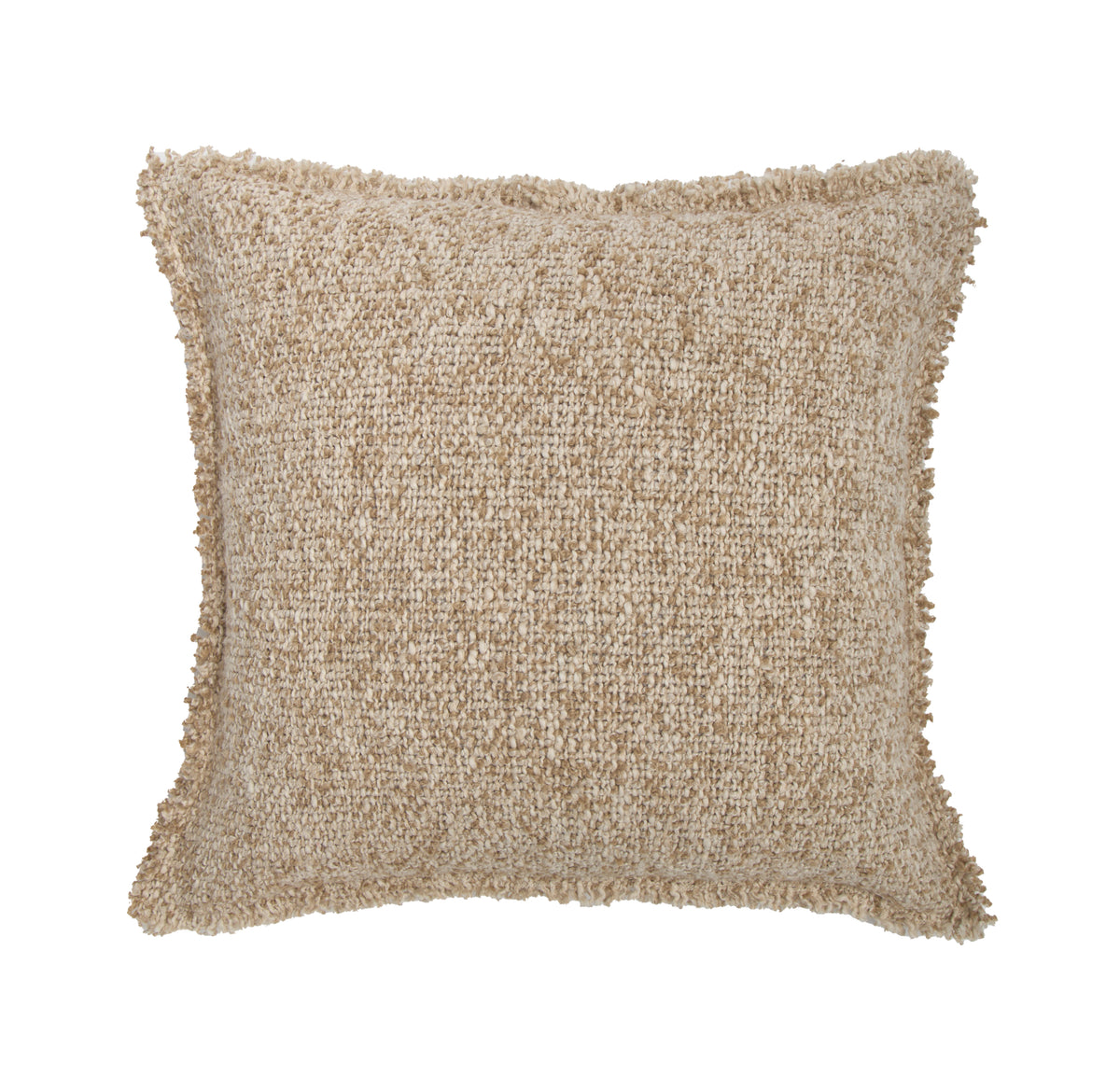 20x20 natural beige textured pillow with insert, square shape with frayed edges.
