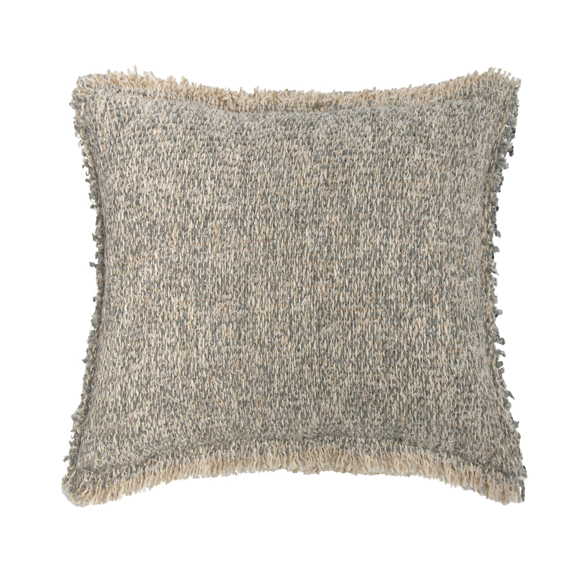 20x20 steel gray textured pillow with insert, square shape with frayed fringe trim.