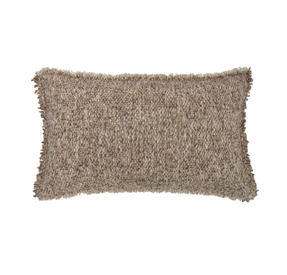 14x24 textured lumbar pillow with fringe trim, warm brown speckled woven fabric