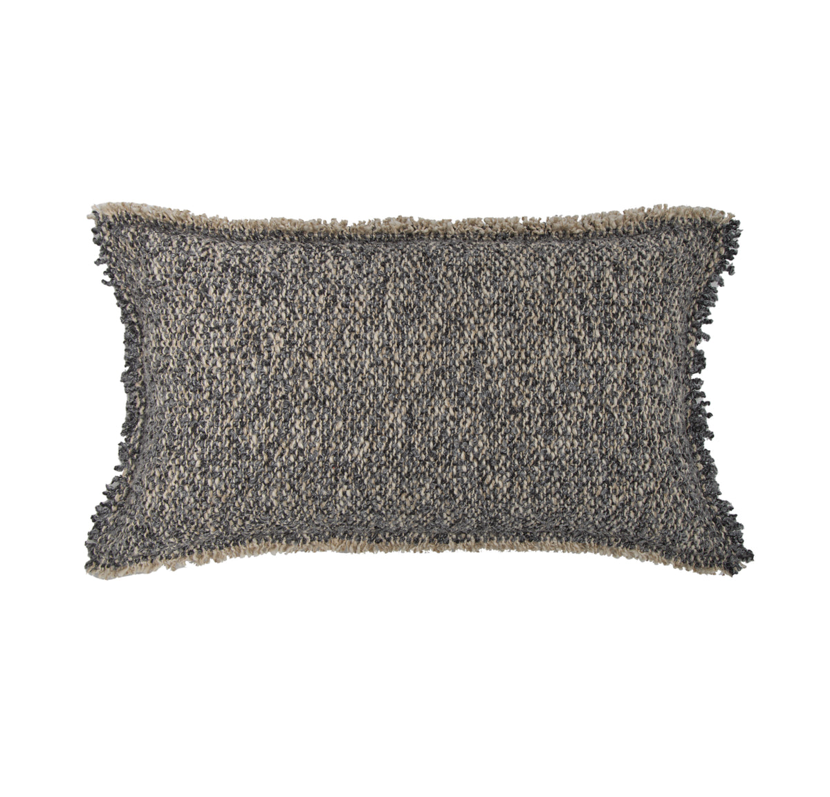 14x24 textured lumbar pillow with fringe trim, dark charcoal gray woven fabric