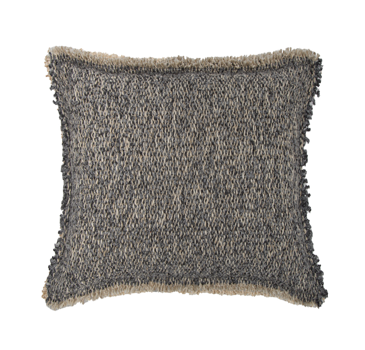 20" square textured throw pillow with fringed edges, dark steel blue