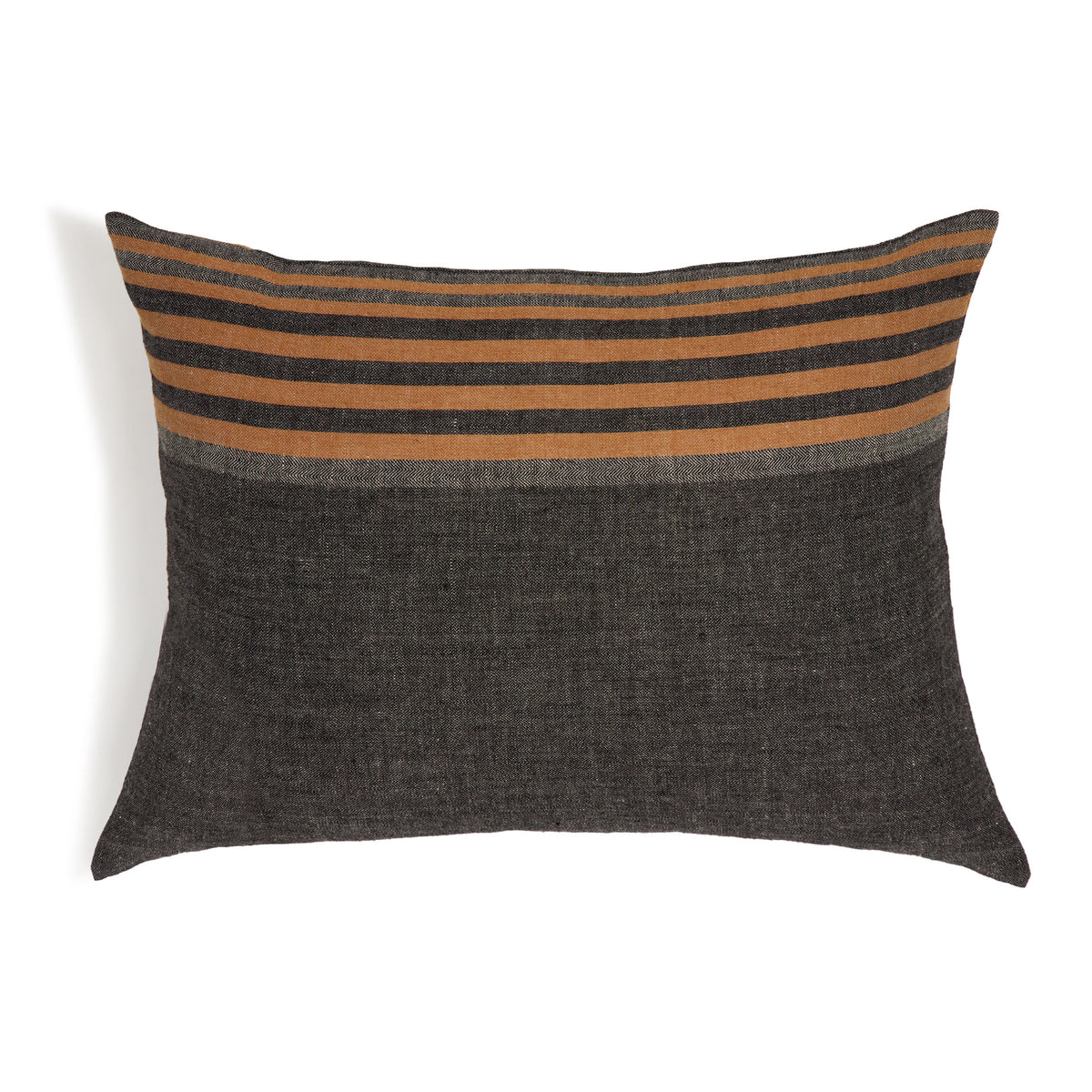 Gray decorative throw pillow with tan and black horizontal stripe trim on one edge