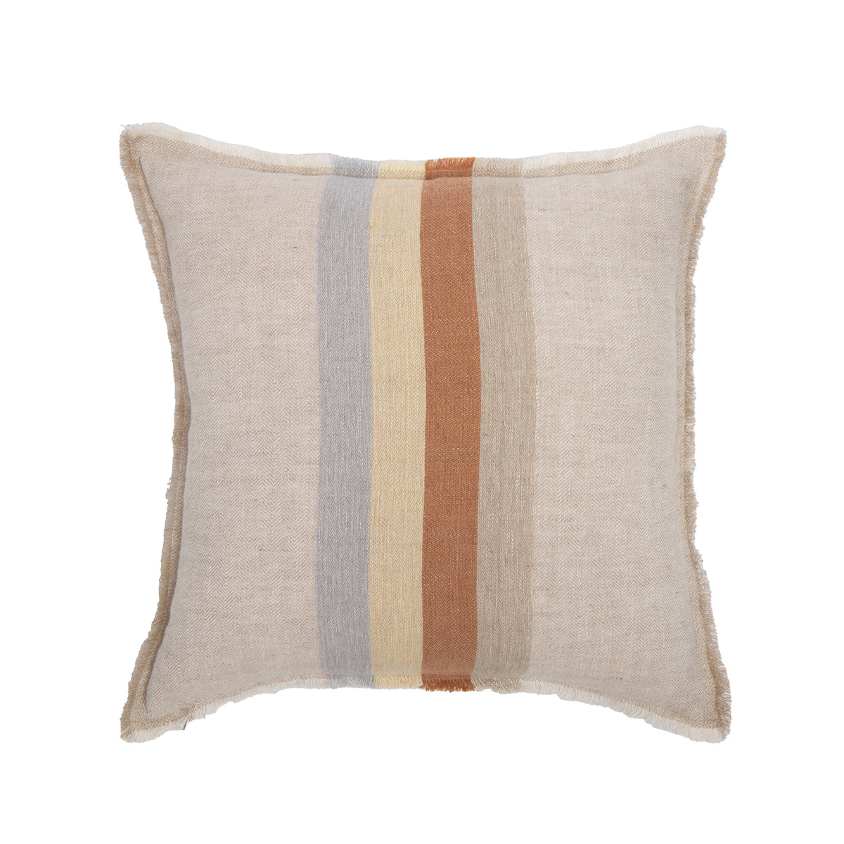20x20 square throw pillow, beige with vertical striped bands and fringed edges