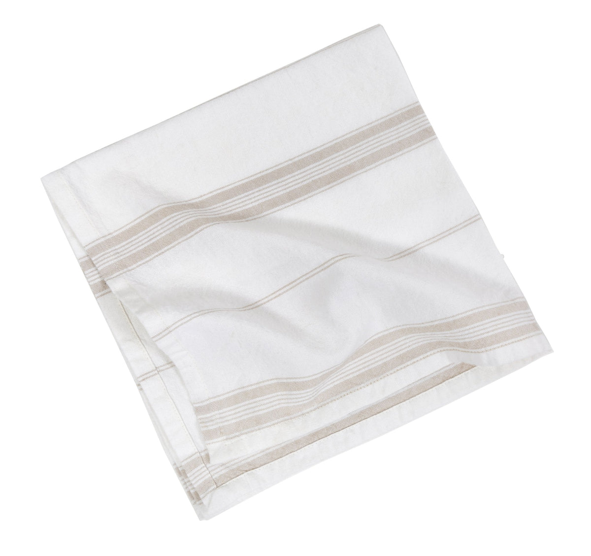 Folded white napkins with beige horizontal stripe borders