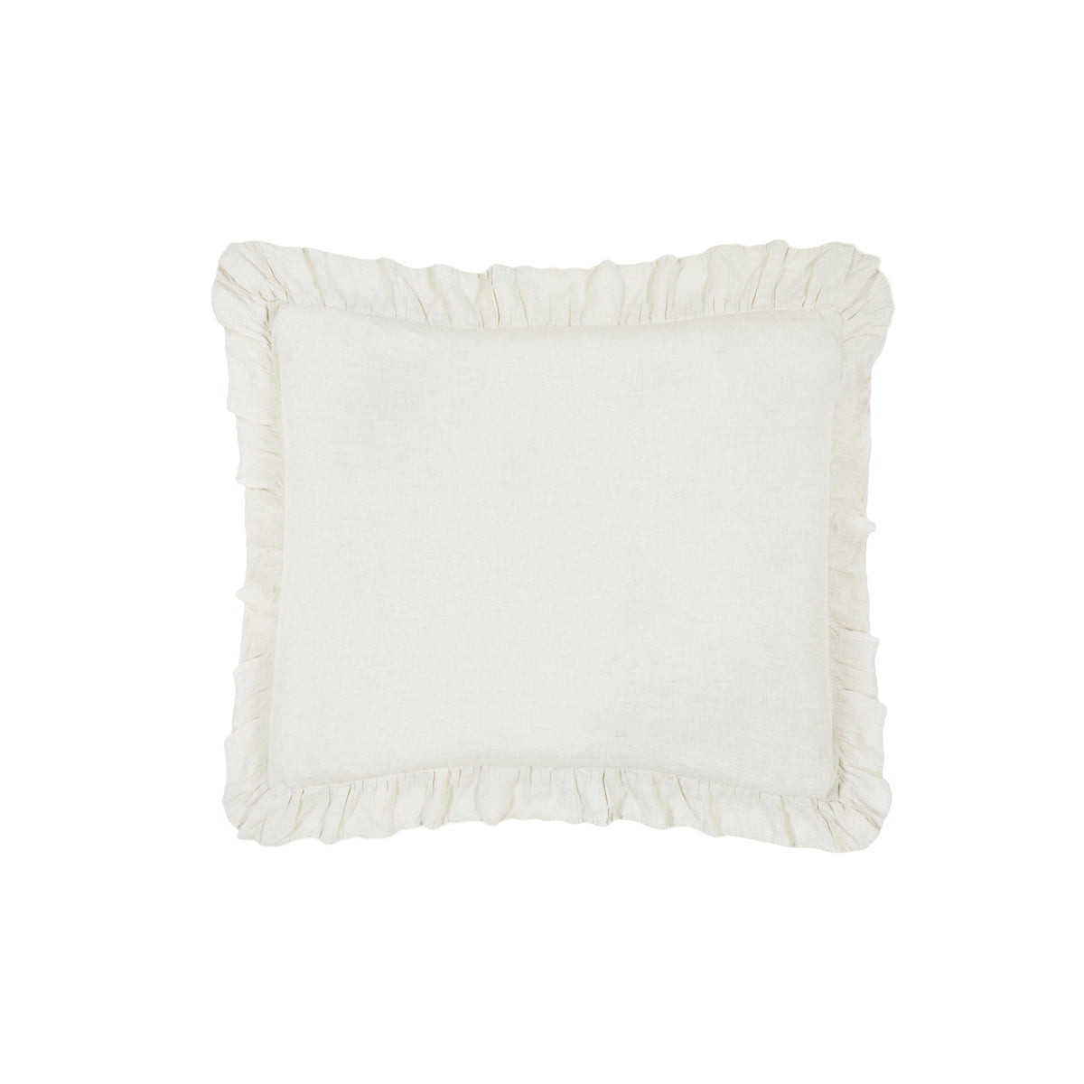 White ruffled-edge pillow sham, rectangle shape, smooth front panel