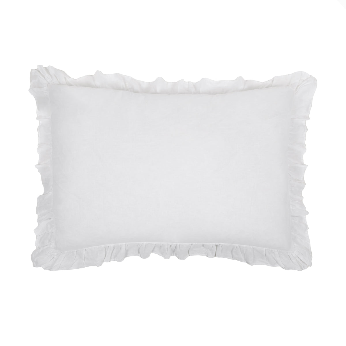White rectangular pillow sham with gathered ruffle edges and smooth face