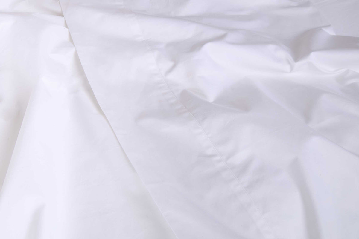 White cotton percale fitted and flat sheet with smooth wrinkle finish