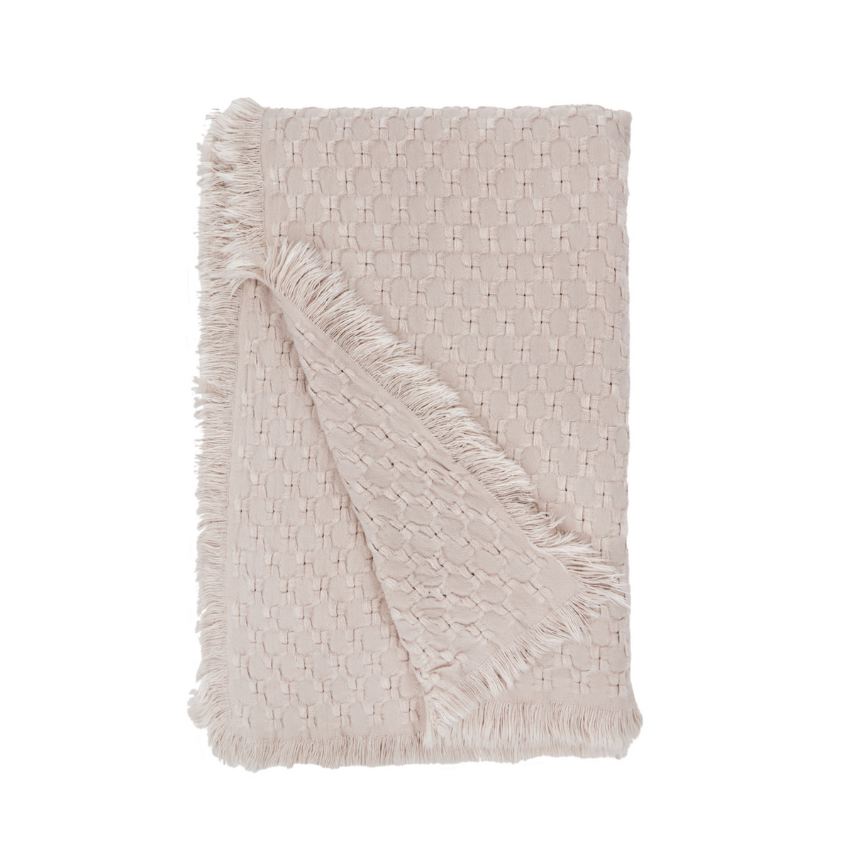 Delphine oversized throw in light blush with woven pattern and long fringe trim