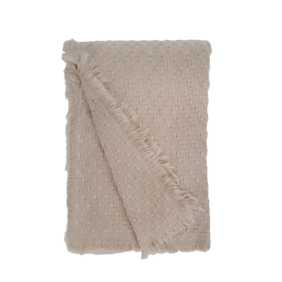 Delphine oversized throw in taupe with woven grid texture and long fringed edge