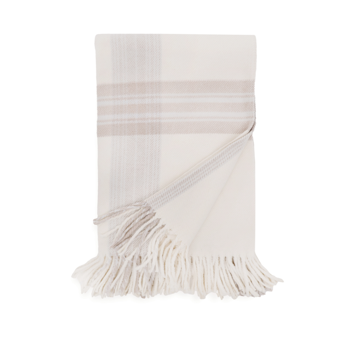 Off-white plaid throw blanket with diagonal hem and light taupe stripe fringe