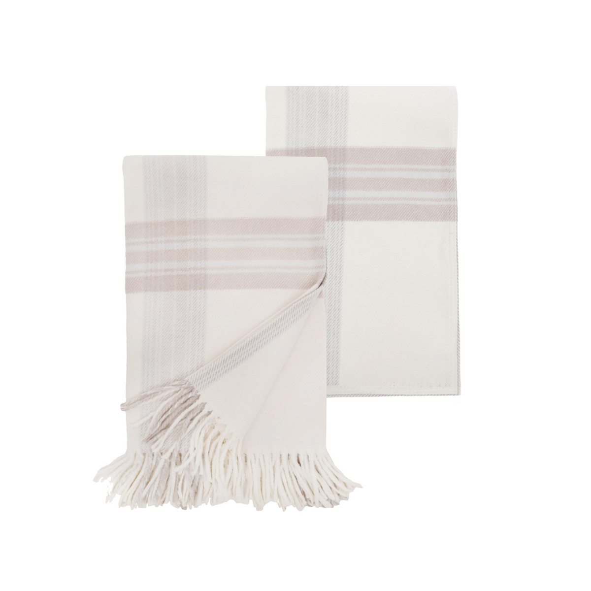 Geneva blanket fringed throw folded with white base and beige plaid stripes