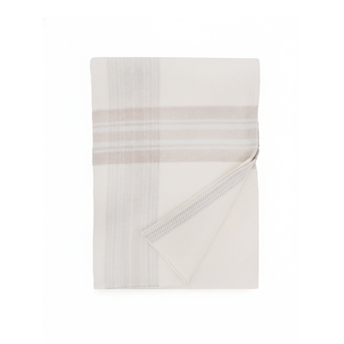 Off-white plaid throw blanket folded, light taupe stripe pattern
