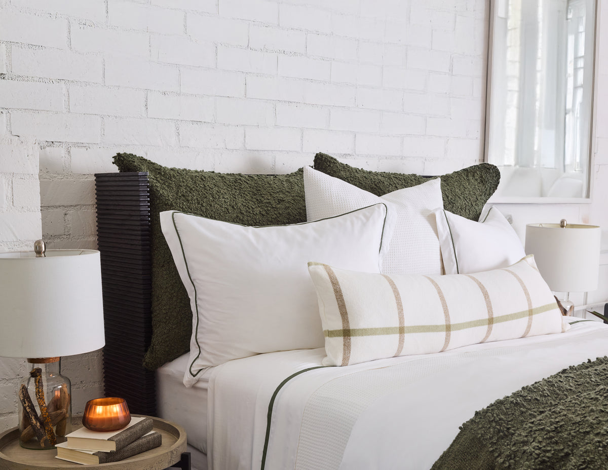 Large decorative pillow set with insert, ivory cover and green textured pillows