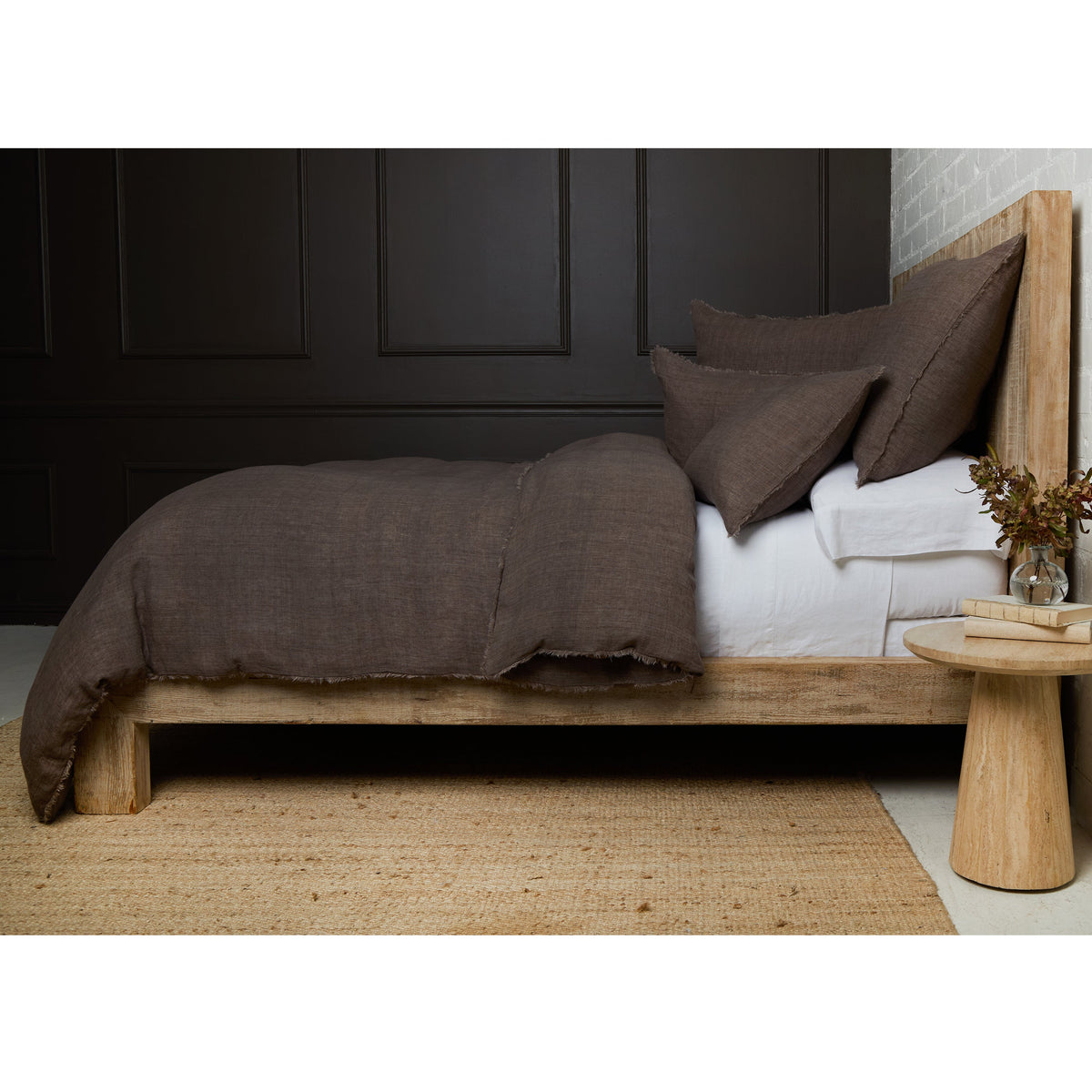 Walnut brown duvet cover with matching pillow shams, textured fabric and frayed edges
