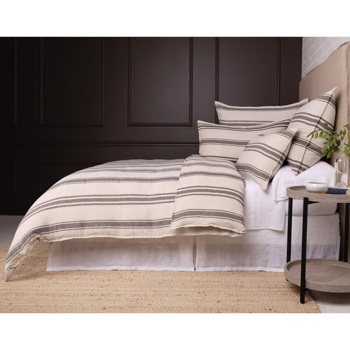 White duvet cover set with wide horizontal gray stripes and matching pillow shams