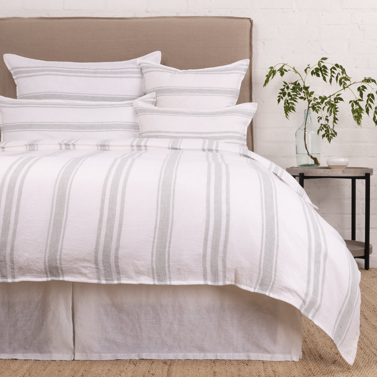 Queen duvet cover set in white with light gray vertical stripe pattern, plus shams