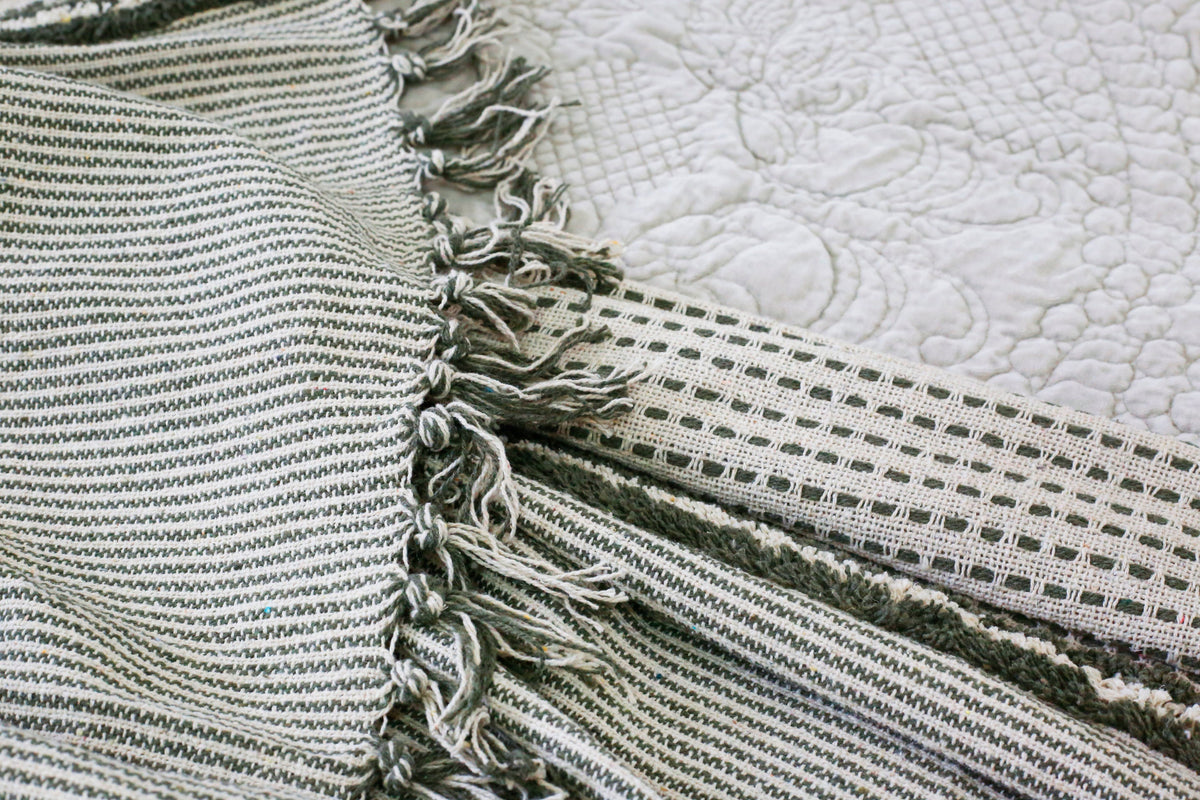 Two-tone striped throw blanket with tassel fringe and dotted weave, off-white and dark gray