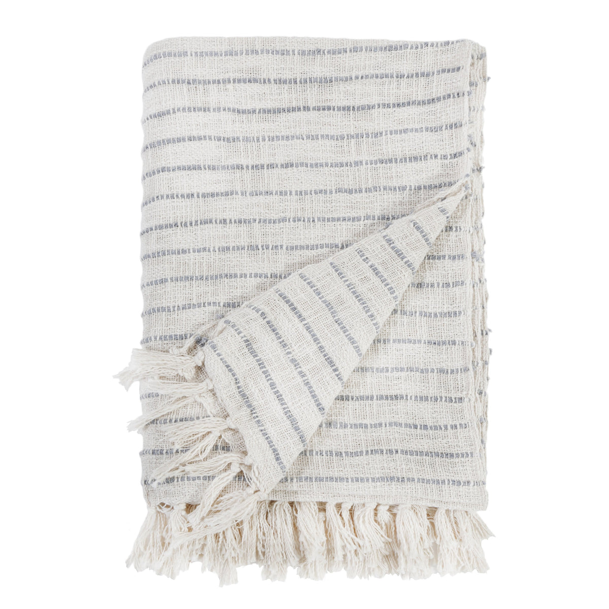 Ivory woven throw blanket with blue-gray stripe pattern and short fringed edges