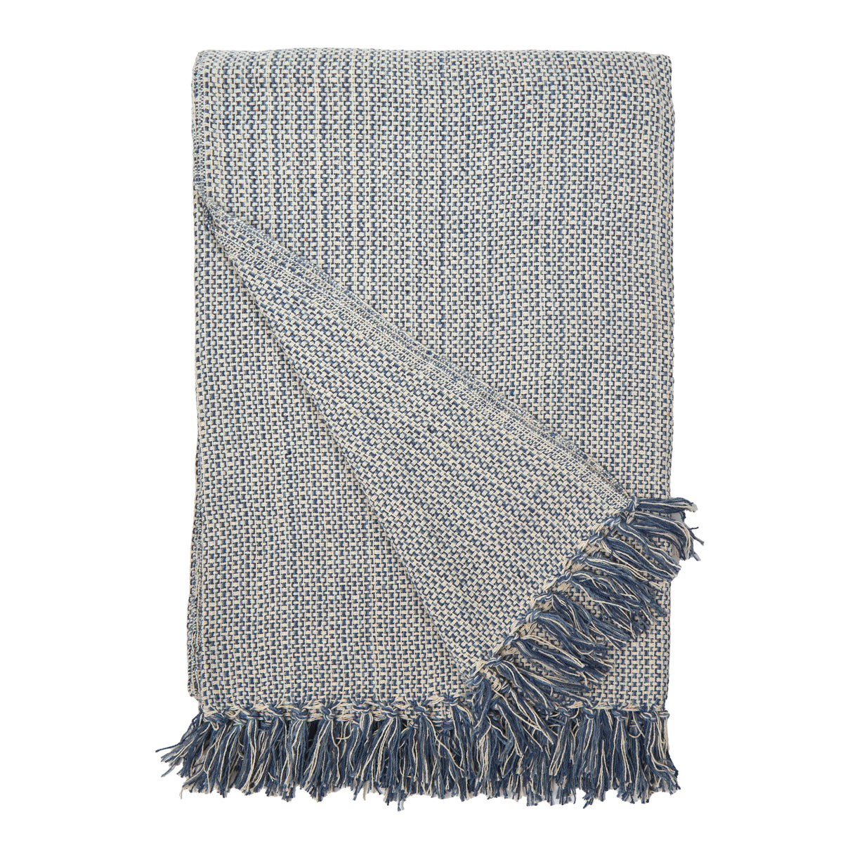 Oversized throw blanket in blue-grey weave with diagonal pattern and fringe edges