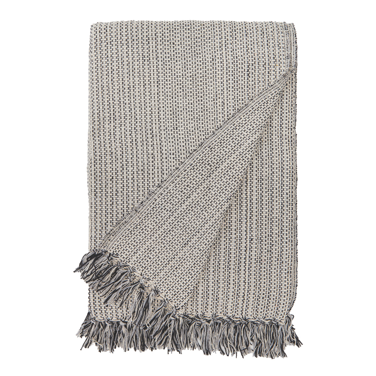 Oversized throw blanket in blue-grey with diagonal stripe and charcoal fringe