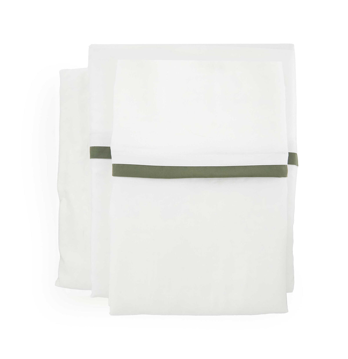 Langston bamboo sateen sheet set, folded sheets with moss green waistband stripe on a white background.