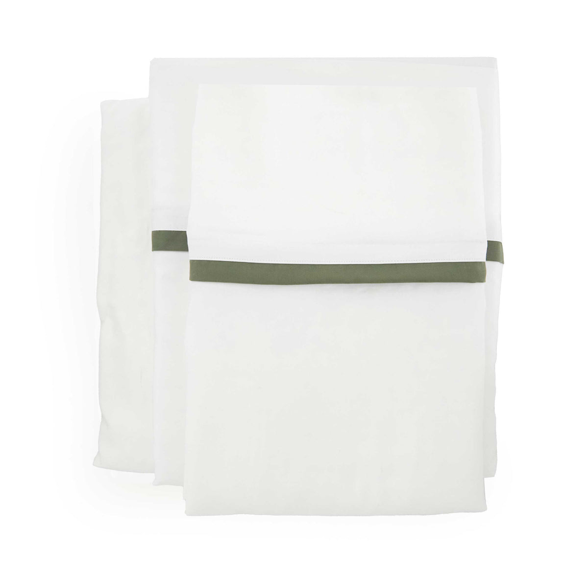 White bamboo sateen sheet set with olive green band; flat sheet and pillowcases