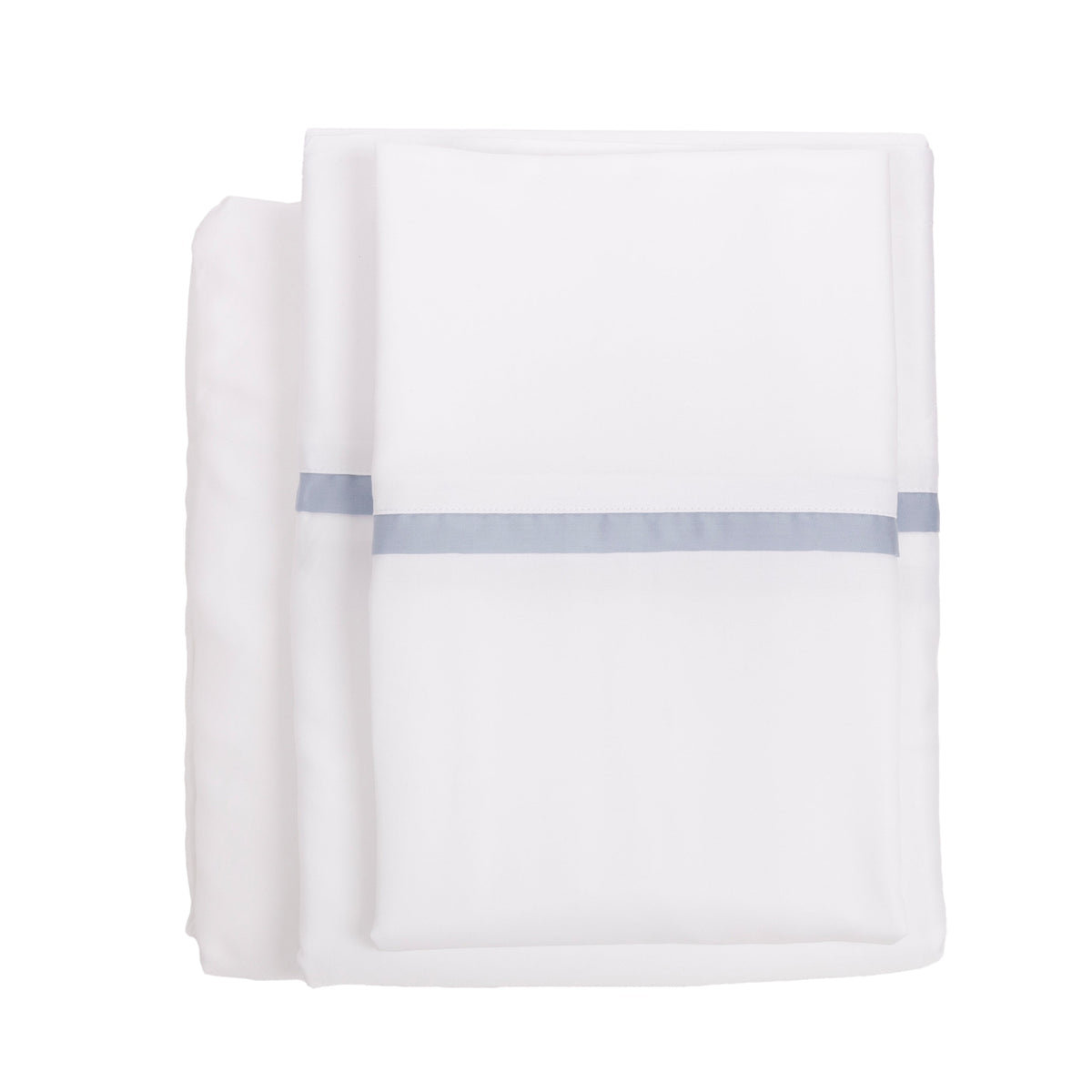 White bamboo sateen sheet set with light blue horizontal stripe, folded fitted and flat sheets