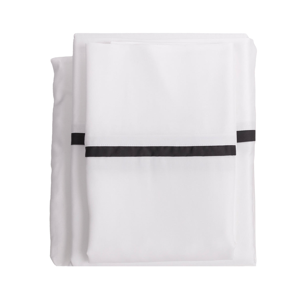 White bamboo sateen sheet set with black horizontal stripe, folded fitted and flat sheets