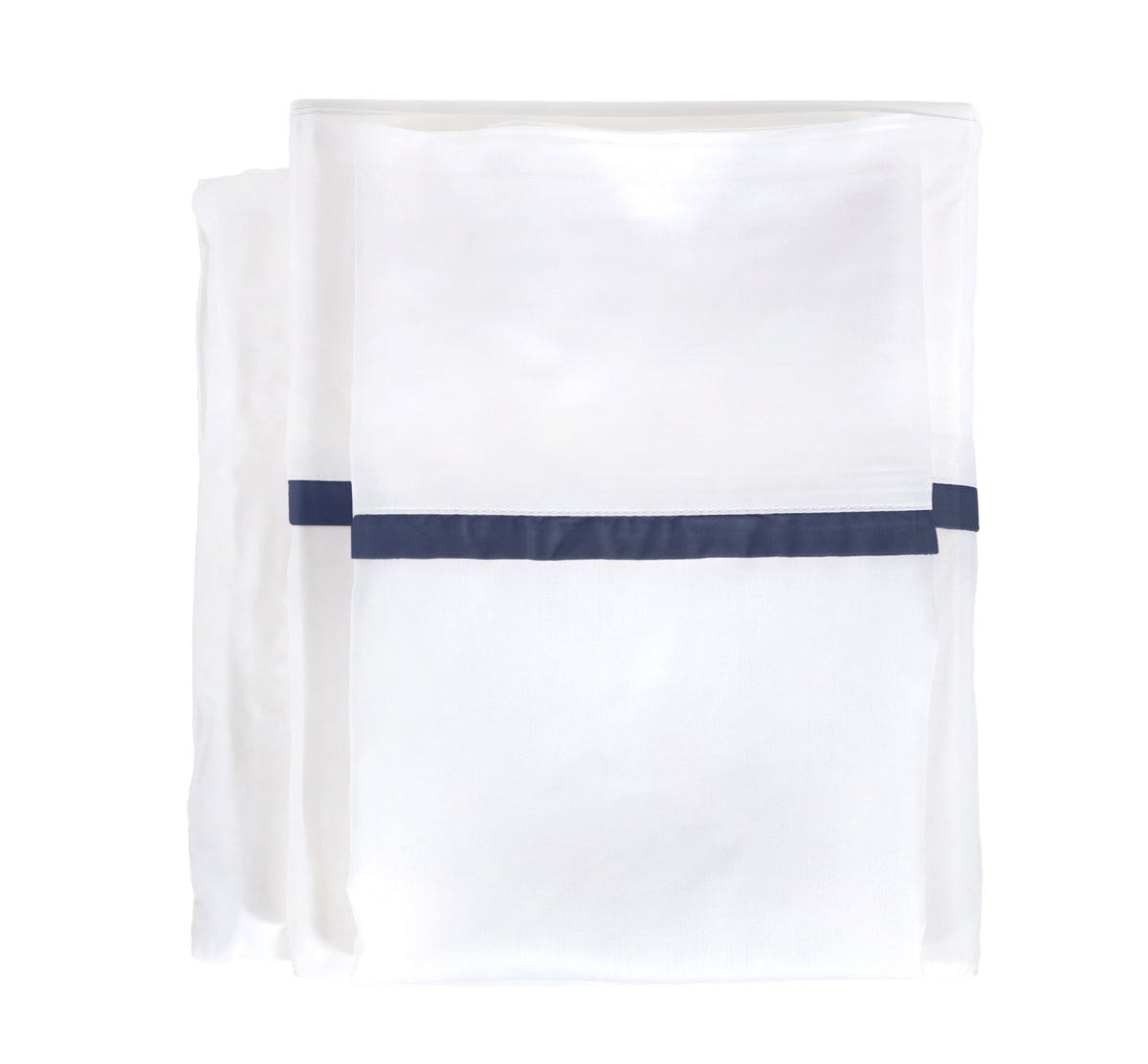 White bamboo sateen sheet set with navy stripe accent on folded fabric