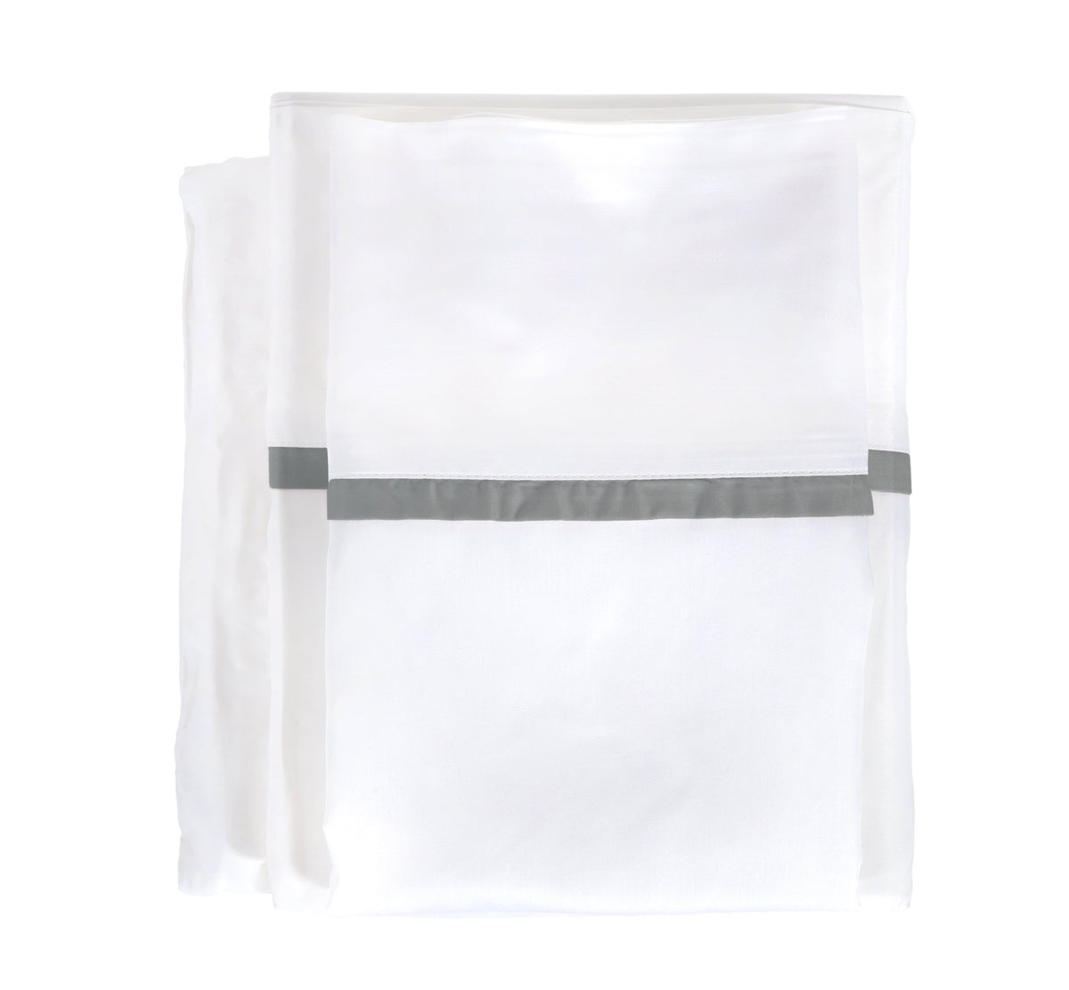 White bamboo sateen sheet set with gray stripe accent on folded fabric
