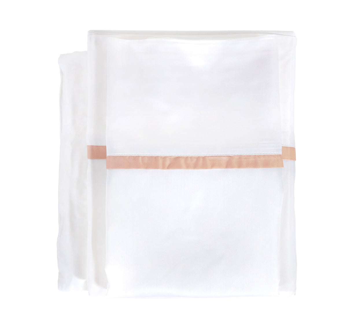 White bamboo sateen sheet set with coral stripe accent on folded fabric