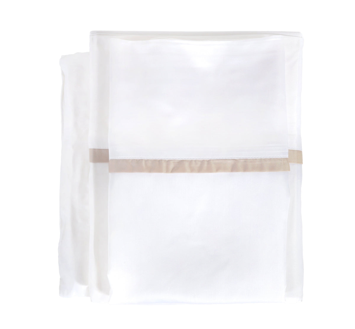 White bamboo sateen sheet set with tan stripe accent on folded fabric