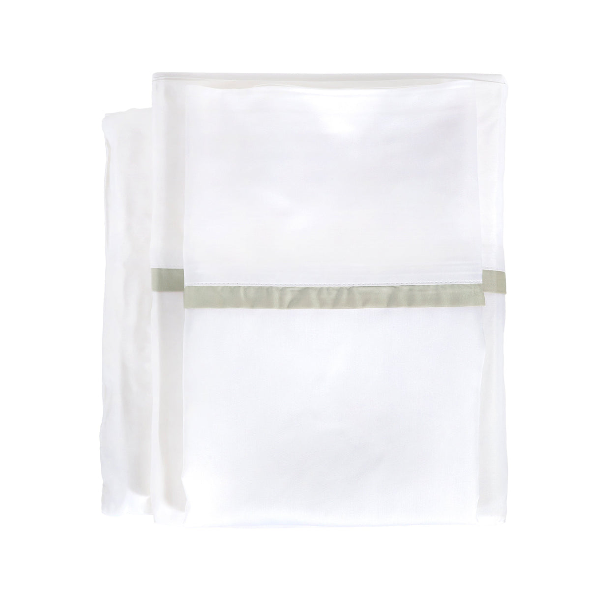 White bamboo sateen sheet set with light green stripe, folded fitted and flat sheets