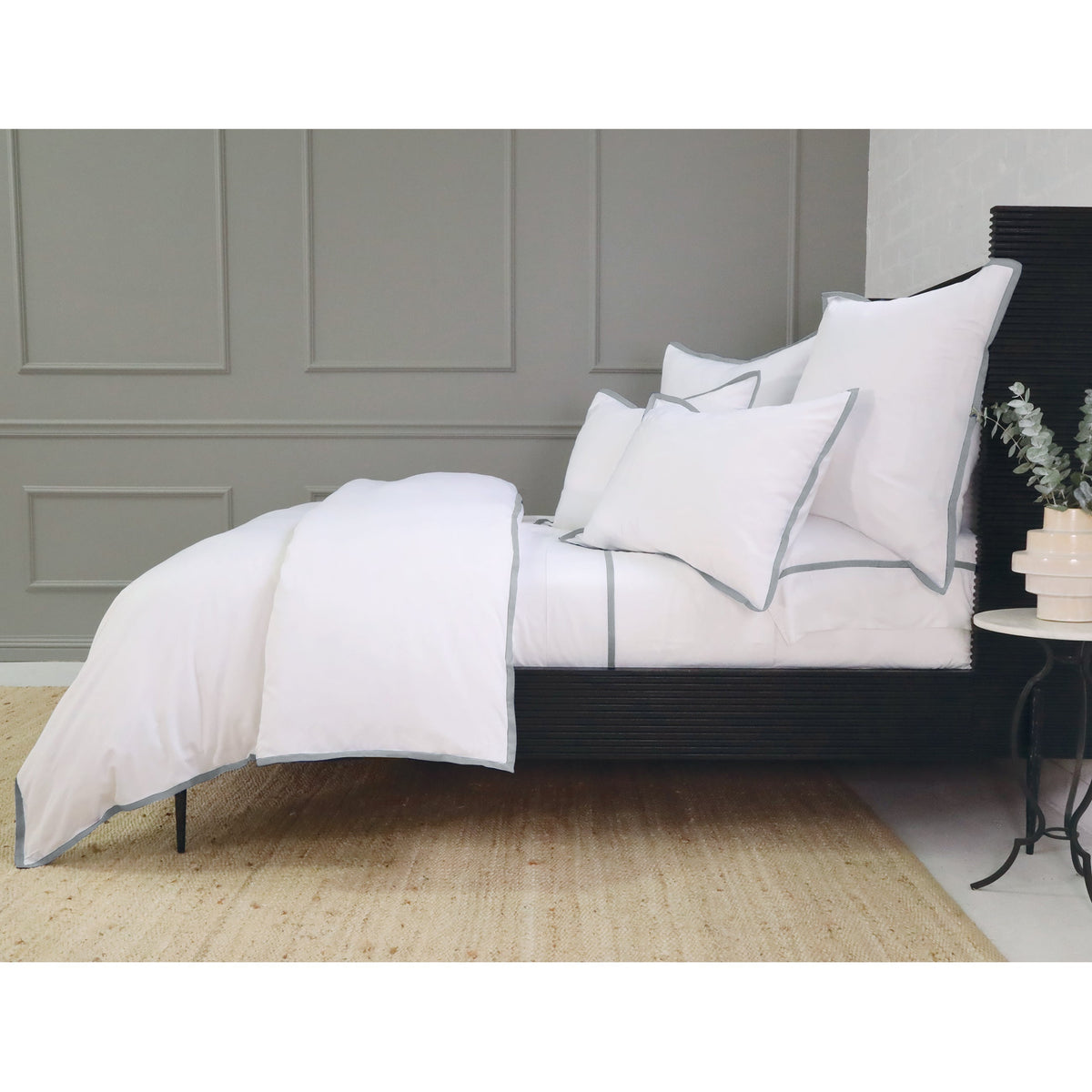 White bamboo sateen duvet cover set with matching shams