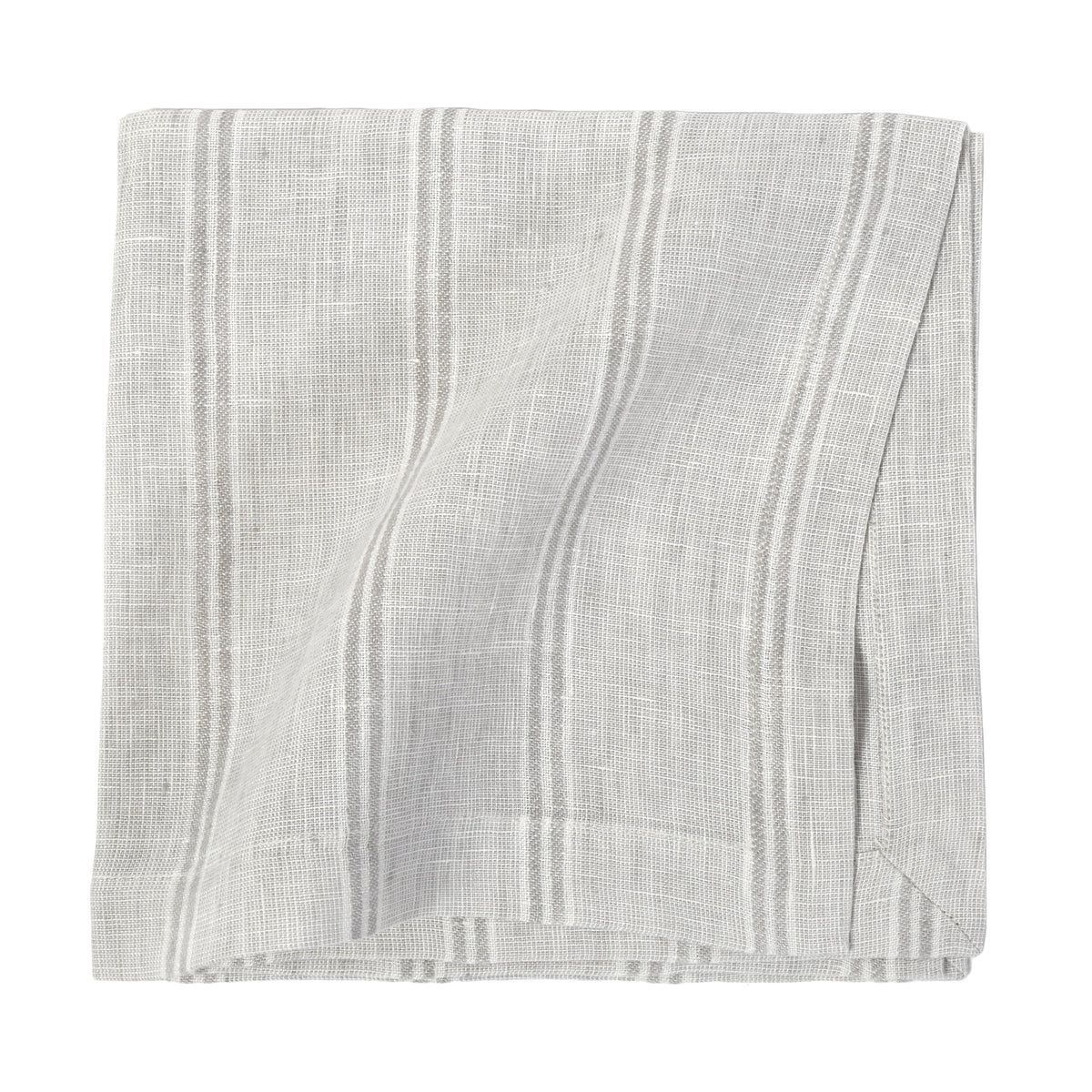 Stone-colored linen napkin with subtle vertical striped texture and hemmed edge