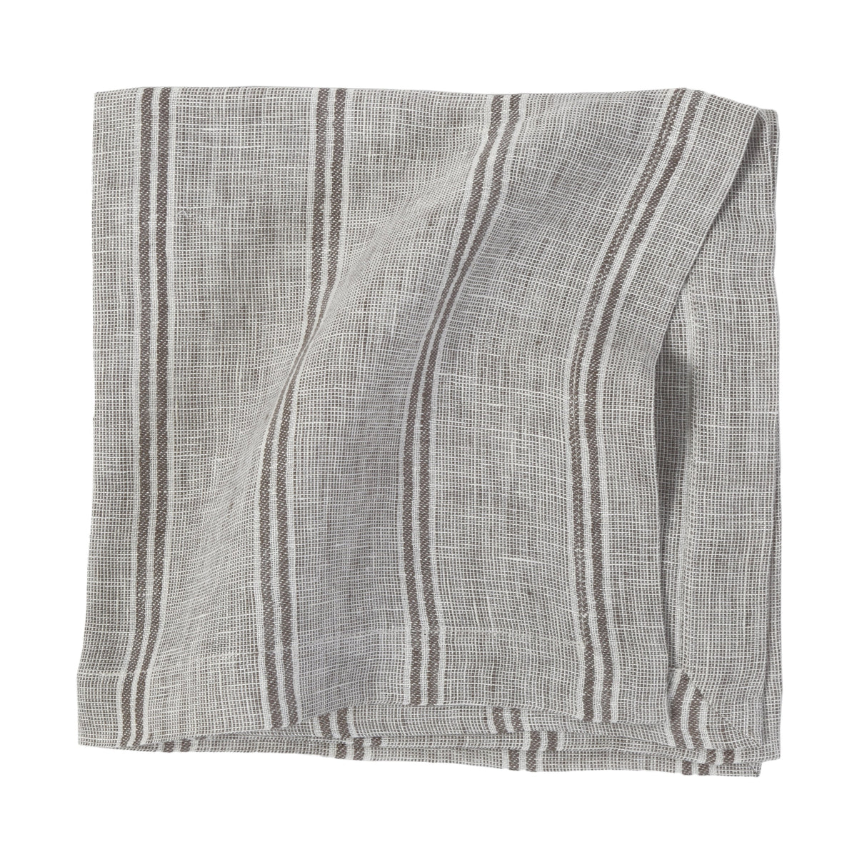Beige linen napkin with taupe vertical stripes and fringed hem